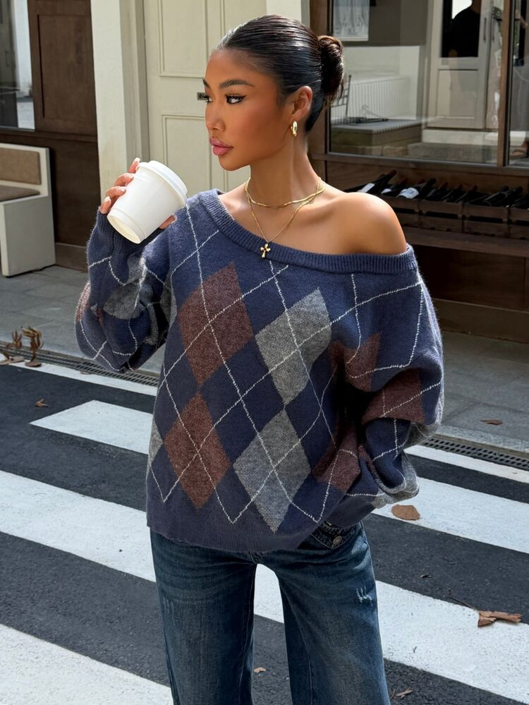 Muchica Fall/Winter 2026 Blue Off-Shoulder Plaid Preppy Style Women's Sweater Y2K, Back To School... | SHEIN