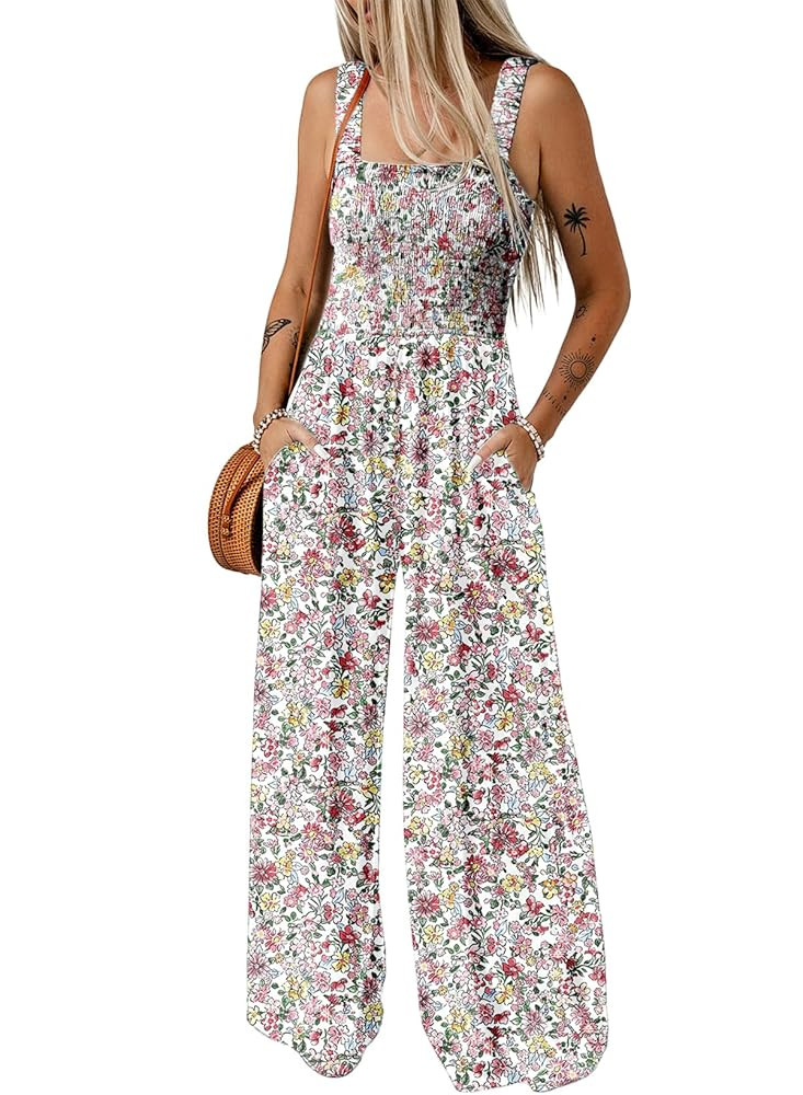 Dokotoo Women's Casual Loose Overalls Jumpsuits One Piece Sleeveless Printed Wide Leg Long Pant R... | Amazon (US)