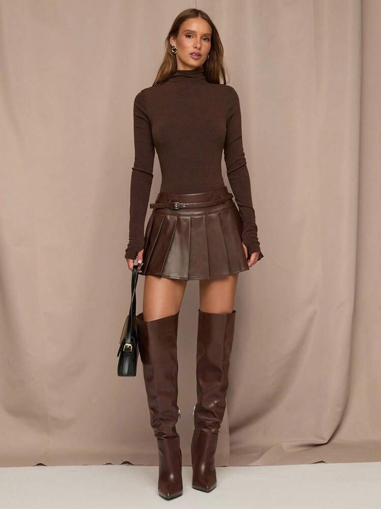 SHEIN BAE Falda corta (PU) plisada con diseño de hebilla de unicolor para mujer | SHEIN