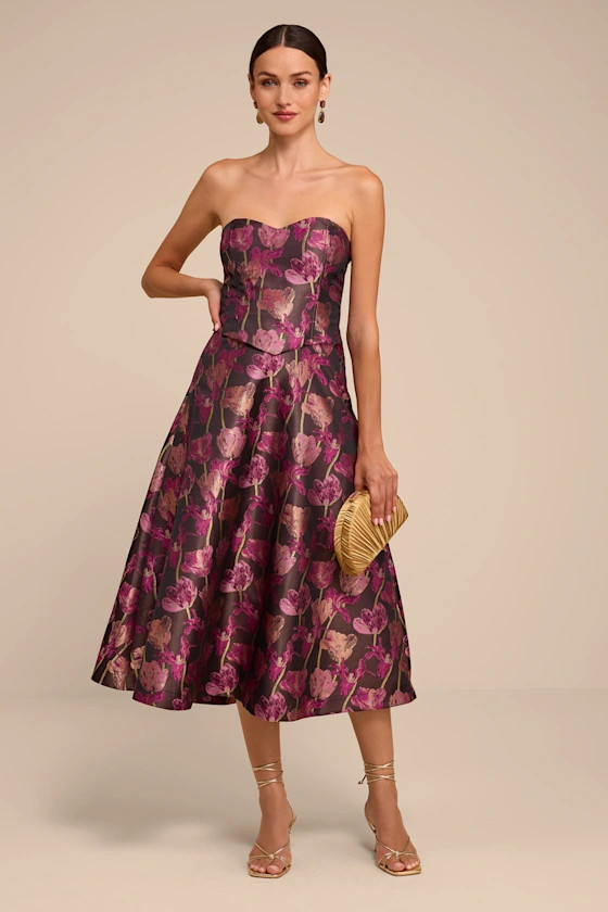 Landry Brown Floral Strapless Lace-Up Midi Dress | Lulus