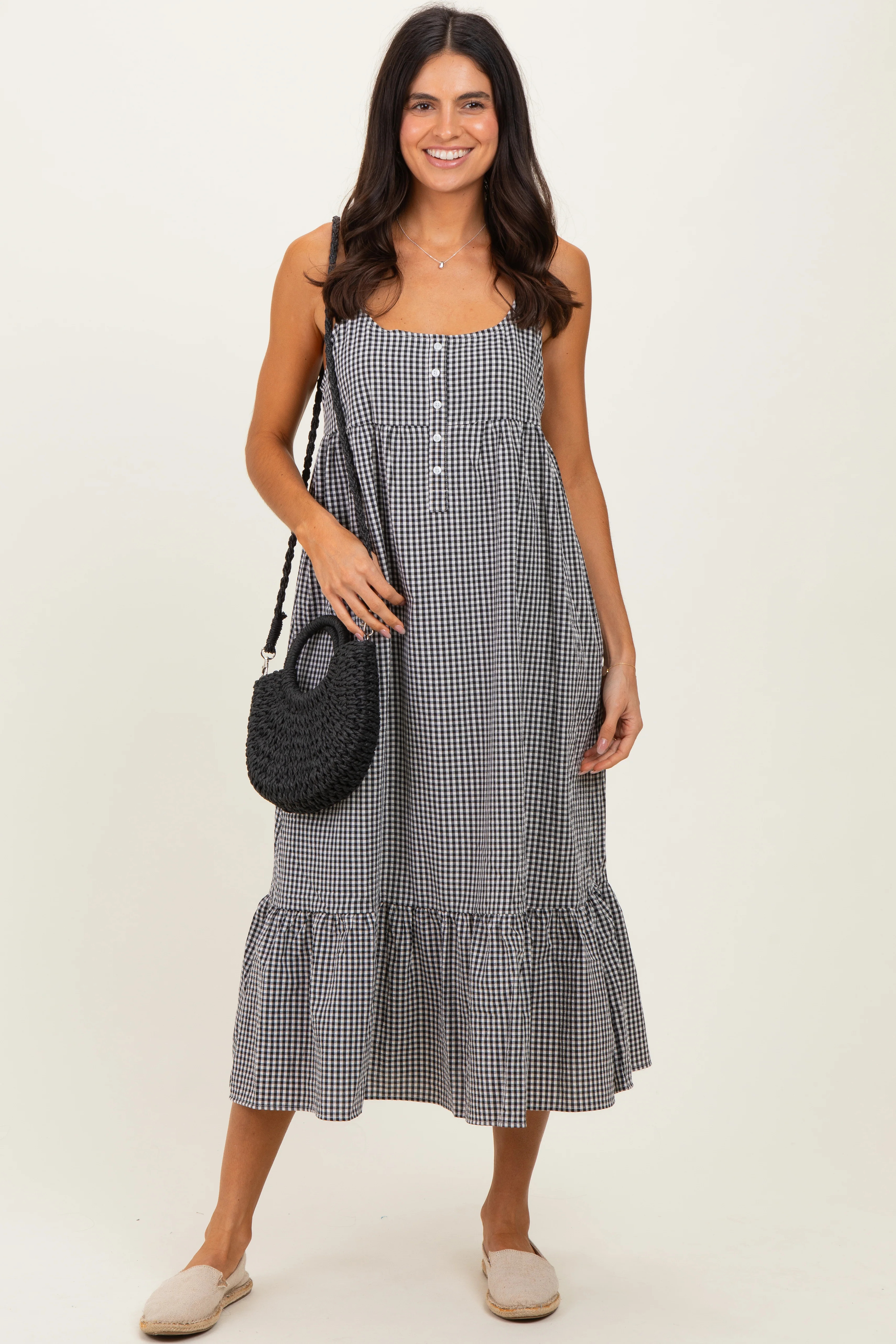 Black Gingham Sleeveless Midi Dress | PinkBlush Maternity