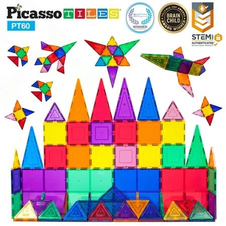 PicassoTiles 60 Piece Set Magnet Building Tiles Clear 3D Construction Playboards | Walmart (US)