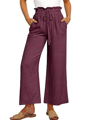 ANRABESS Women Linen Pants Casual Loose High Waist Boho Wide Leg Cropped Palazzo Beach Pants Summer Outfits 2025 Trendy X-Large Purple | Amazon (US)