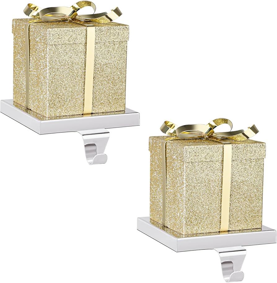 JUSTOTRY Christmas Decorations Stocking Holder for Mantel - 2PC Gold Gift Box Hook Xmas Accessori... | Amazon (US)