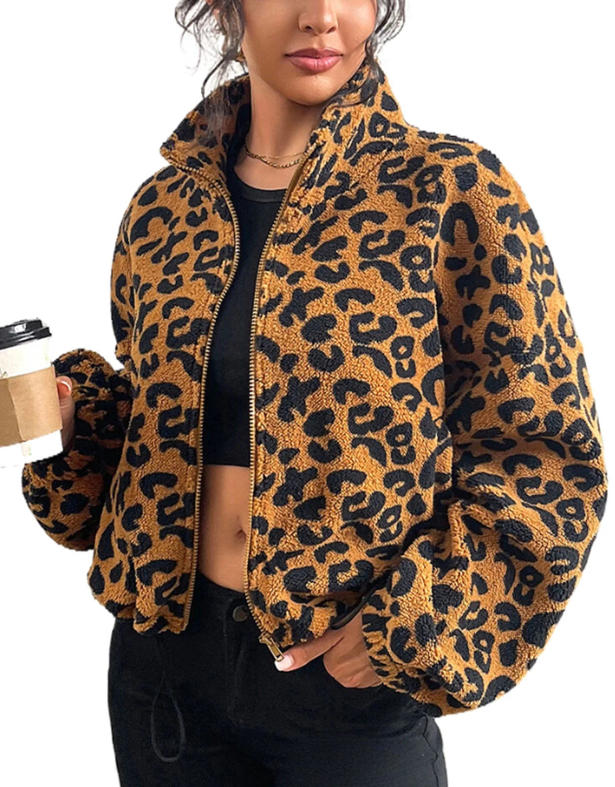 Womens Long Sleeve Jacket Coat for Womens Zip Up Warm Winter Leopard Spots Print High Collar Jack... | Walmart (US)