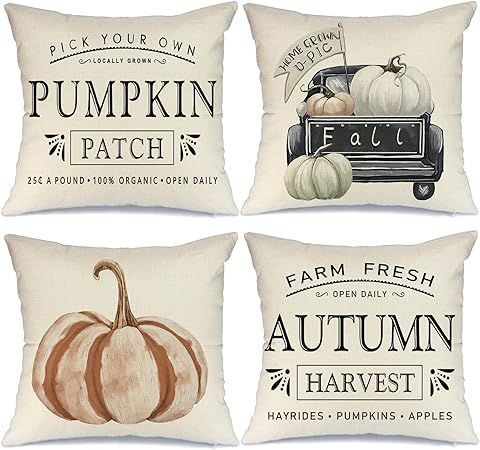 GEEORY Fall Decor Pillow Covers 18x18 Set of 4 Pumpkin Patch Farm Truck Harvest Fall Outdoor Stri... | Amazon (US)