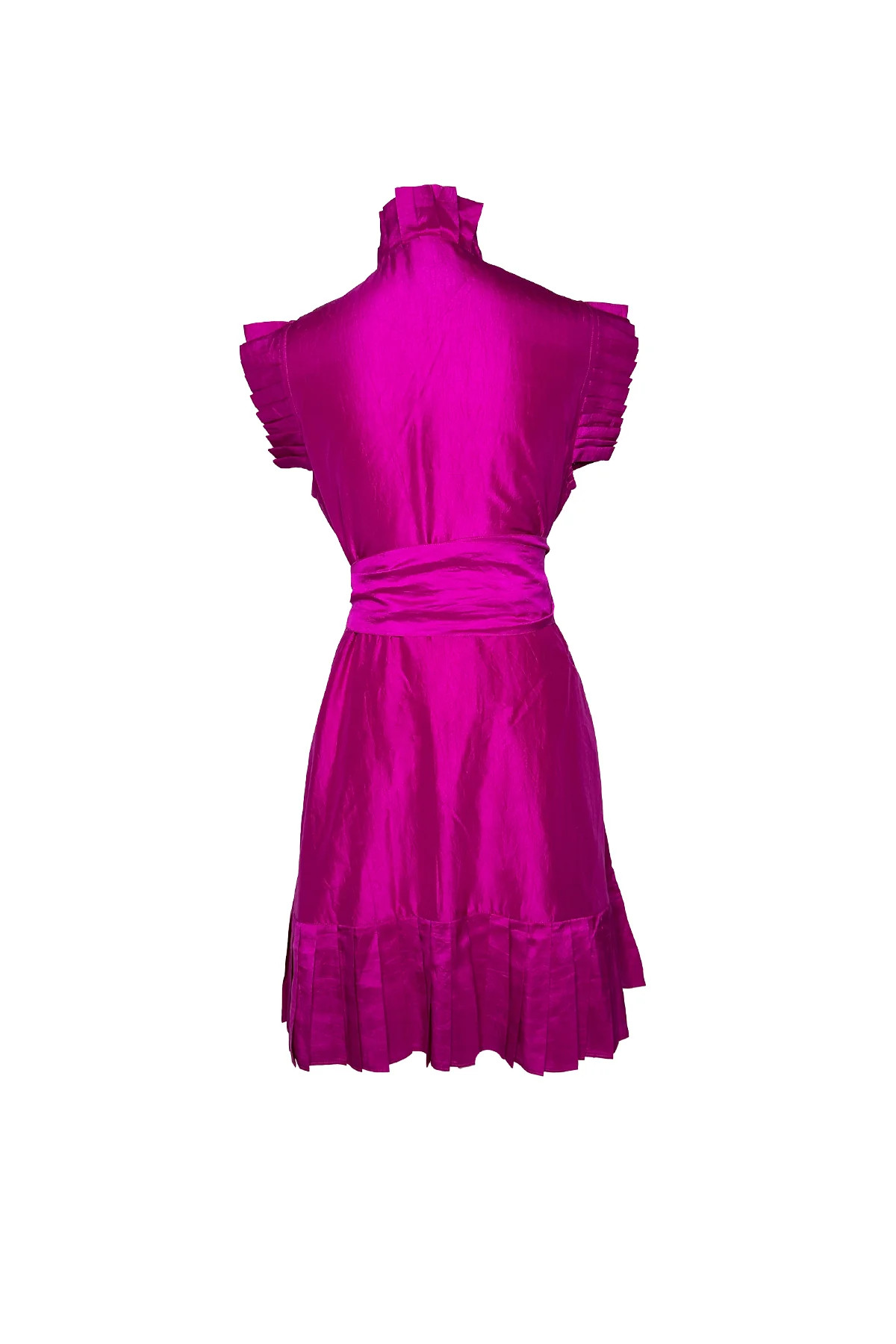 Pleated Sleeveless SUE SARTOR Flounce Mini | Fuchsia Silk Taffeta | SUE SARTOR