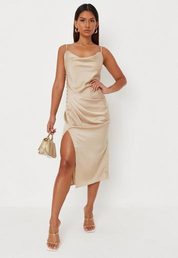 Missguided - Champagne Satin Cowl Neck Side Button Midi Dress | Missguided (US & CA)