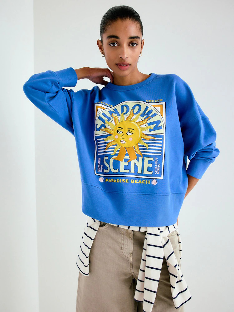 Kobaltblauw - Sweatshirt met print en ronde hals | Next EU