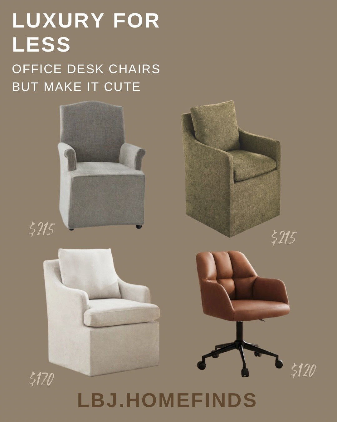 Luxury Office Chairs for Less 🤎 Cute & Elevated Desk Chairs Under $250

If you’re upgrading your home office or workspace, these luxury-looking desk chairs bring style and comfort without the designer price tag.

These picks are perfect if you love neutral home decor, cozy office spaces, and elevated work-from-home setups. Let’s style them together this week🫶🏻

Favorite finds in this roundup:

• Upholstered neutral arm desk chair – classic and timeless
• Olive green textured swivel chair – cozy and modern
• Cream slipcovered desk chair – soft and elegant
• Cognac leather rolling desk chair – chic and functional

All of these affordable office chairs are under $250 and give your workspace a designer feel for less.

Everything is linked in my LTK storefront.

#homeofficefinds #deskchair #luxuryforless #homeofficeideas #affordabledecor #neutralhome #officechair #ltkhome #homefinds