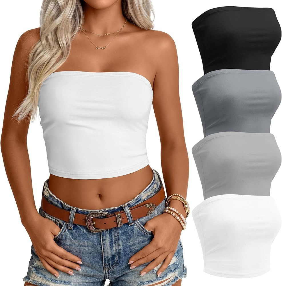 4 Pack Womens Tube Tops Strapless Bandeau Crop Tops Basic Backless Sleeveless Clothes Summer Goin... | Amazon (US)