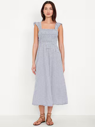 Fit & Flare Lightweight Smocked Gingham Midi Dress | Old Navy (US)