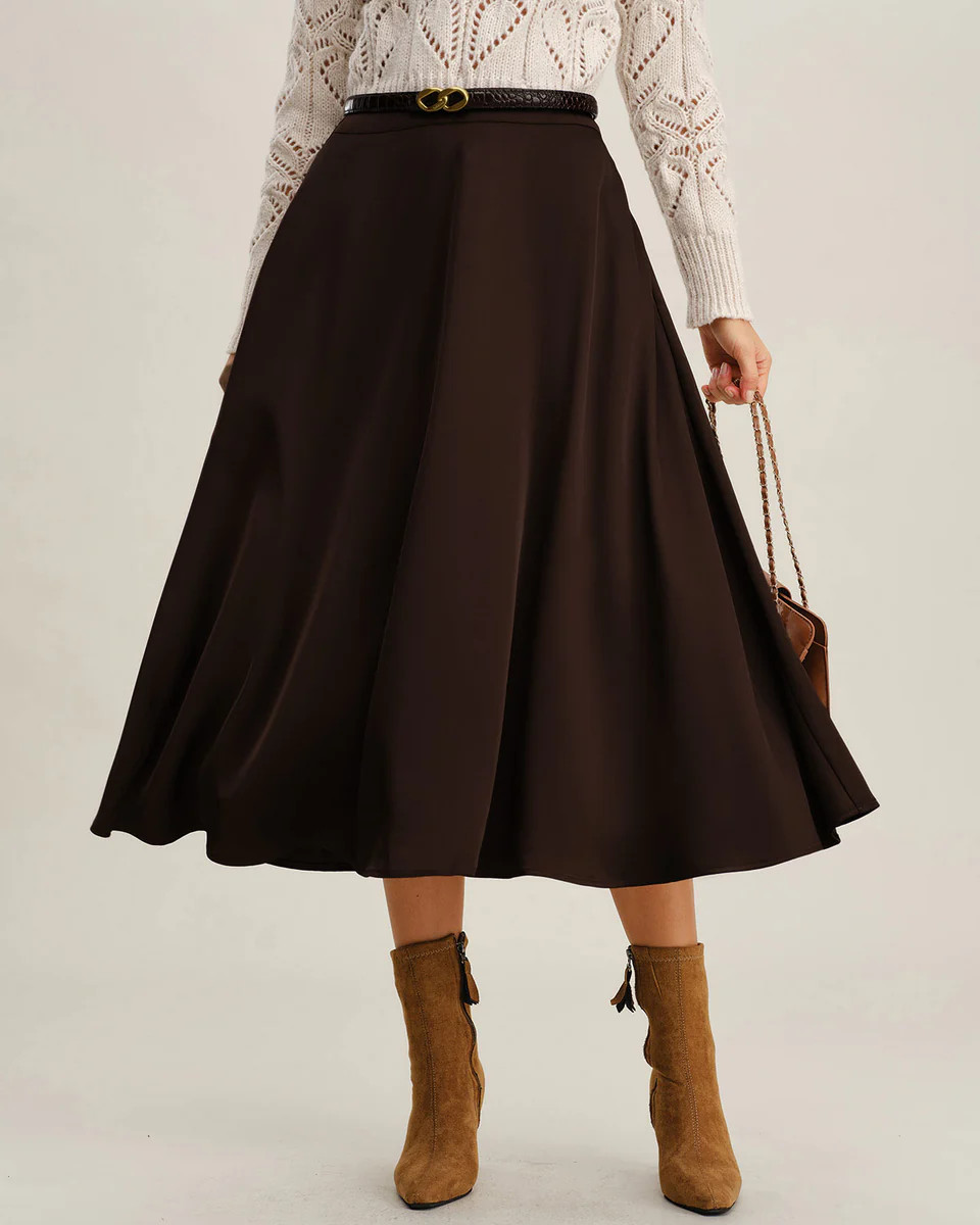 Brown A-Line Pleated Midi Skirt | rihoas.com