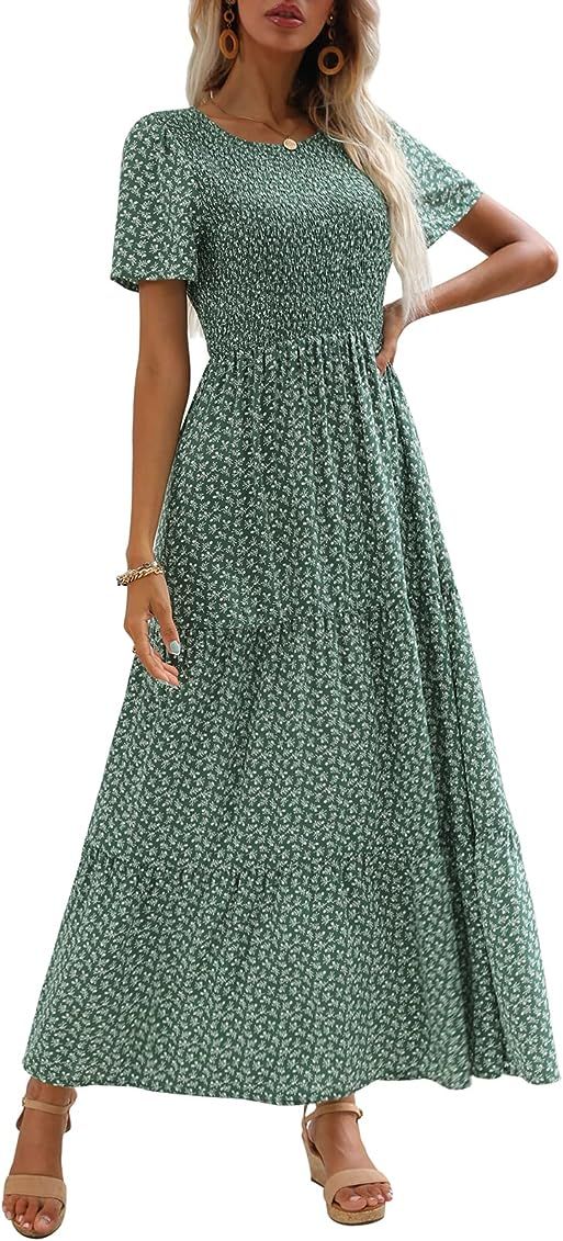 Zattcas Womens Summer Casual Short Sleeve Bohemian Floral Tiered Maxi Dress | Amazon (US)