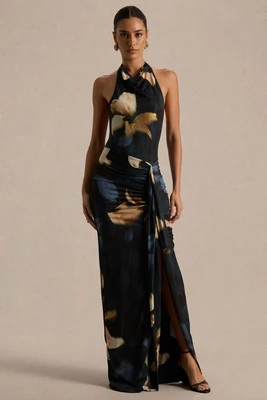 Sunflower | Dark Lily Print High-Neck Maxi Dress With Front-High Split | Club L London