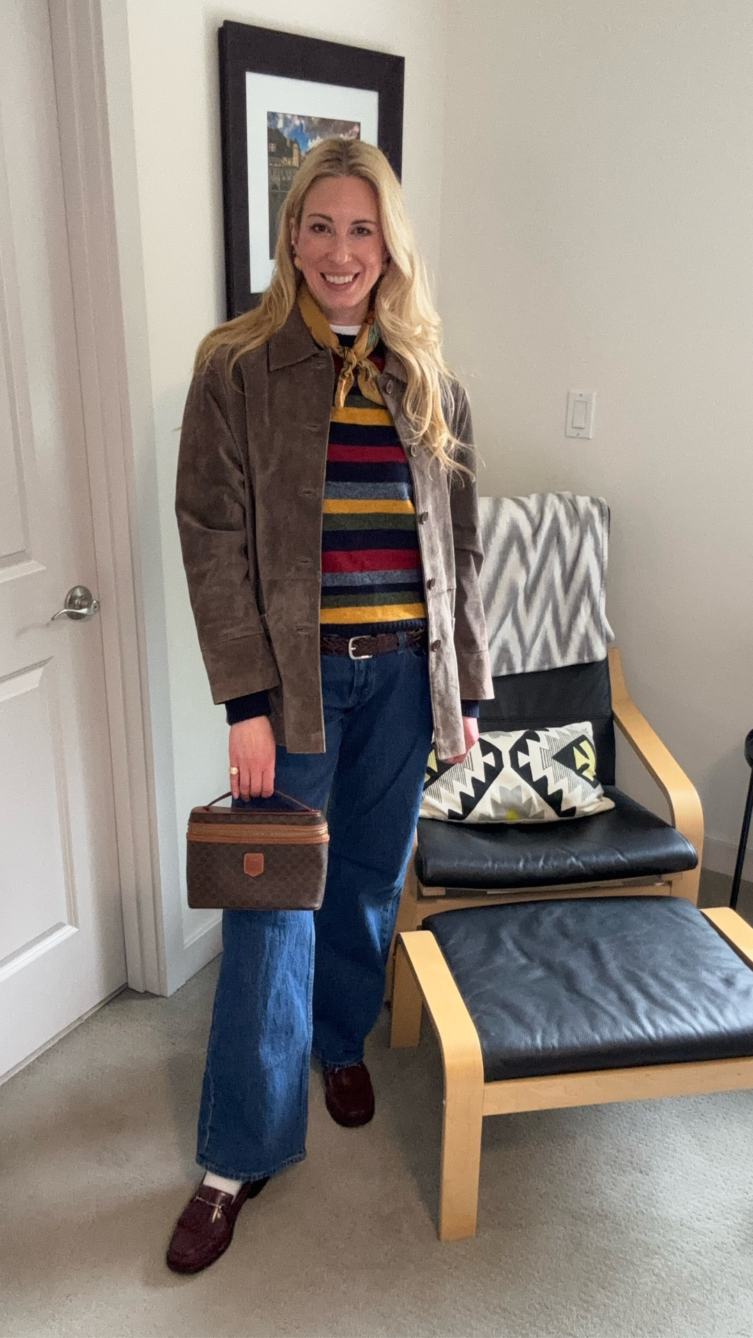 Vintage brown suede jacket from eBay
Vintage Lands’ End sweater from eBay
White tee from UNIQLO
Vintage men’s belt from eBay
Abercrombie jeans
Weejun loafers from eBay
Vintage Celine makeup bag from eBay
Vintage earrings from eBay

#LTKOver40 #LTKootd #LTKmomlife