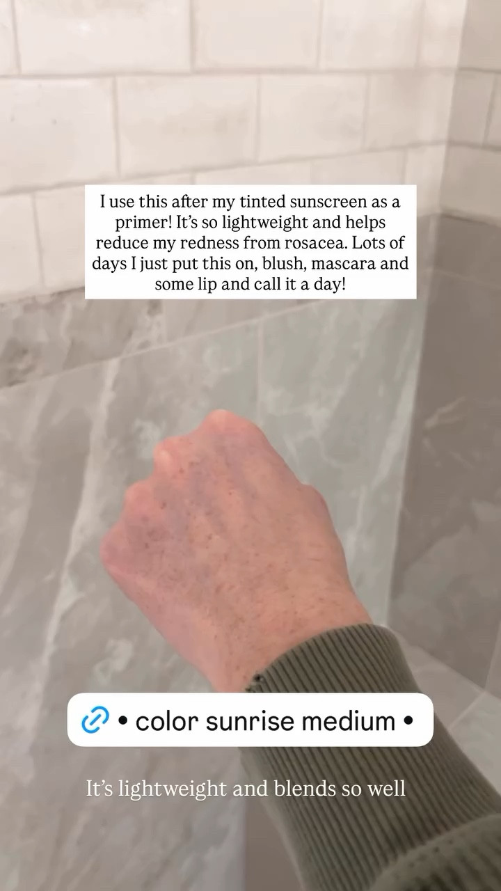 I use this after my tinted sunscreen as a primer! It’s so lightweight and helps reduce my redness from rosacea. Lots of days I just put this on, blush, mascara and some lip and call it a day!  It’s lightweight and blends so well