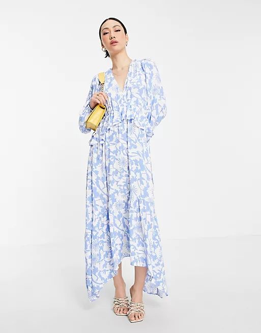 Y.A.S maxi dress with ruffle detail in blue floral print | ASOS (Global)
