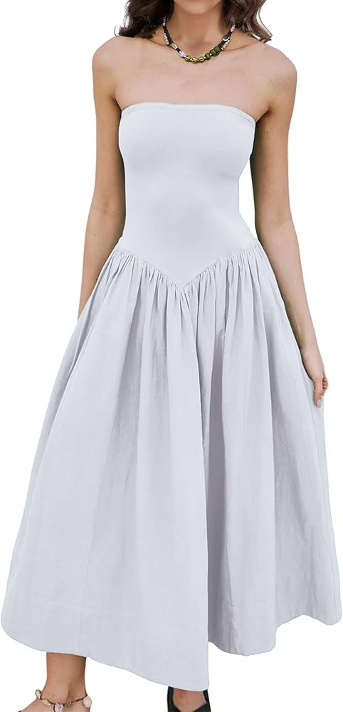 Women Off Shoulder Midi Dress Strapless Sleeveless Drop-Waist A Line Tube Dress Trendy Summer Swi... | Amazon (US)