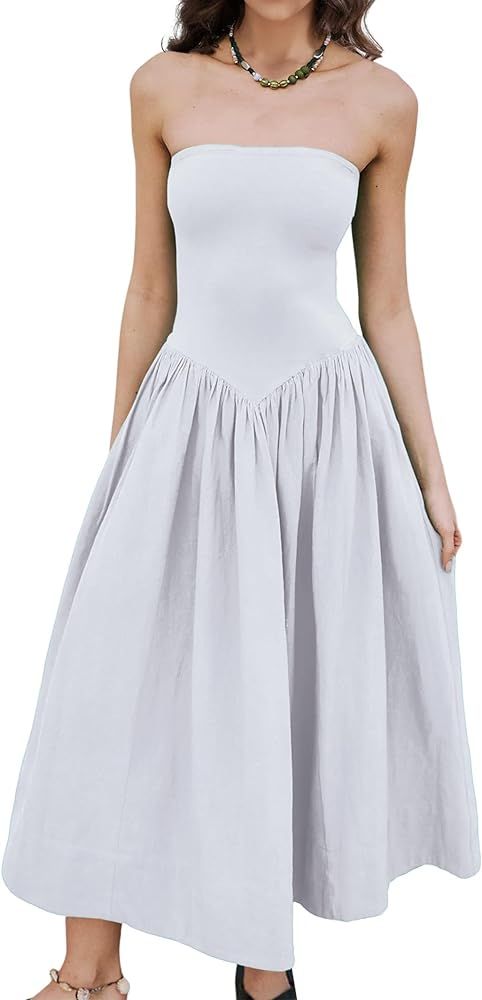 Women Off Shoulder Midi Dress Strapless Sleeveless Drop-Waist A Line Tube Dress Trendy Summer Swi... | Amazon (US)