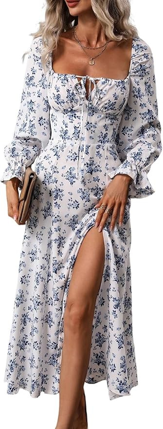 BLENCOT Women's Floral Print Puff Long Sleeve Maxi Dress Sexy Square Neck Tie Front Ruffle Hem Sp... | Amazon (US)