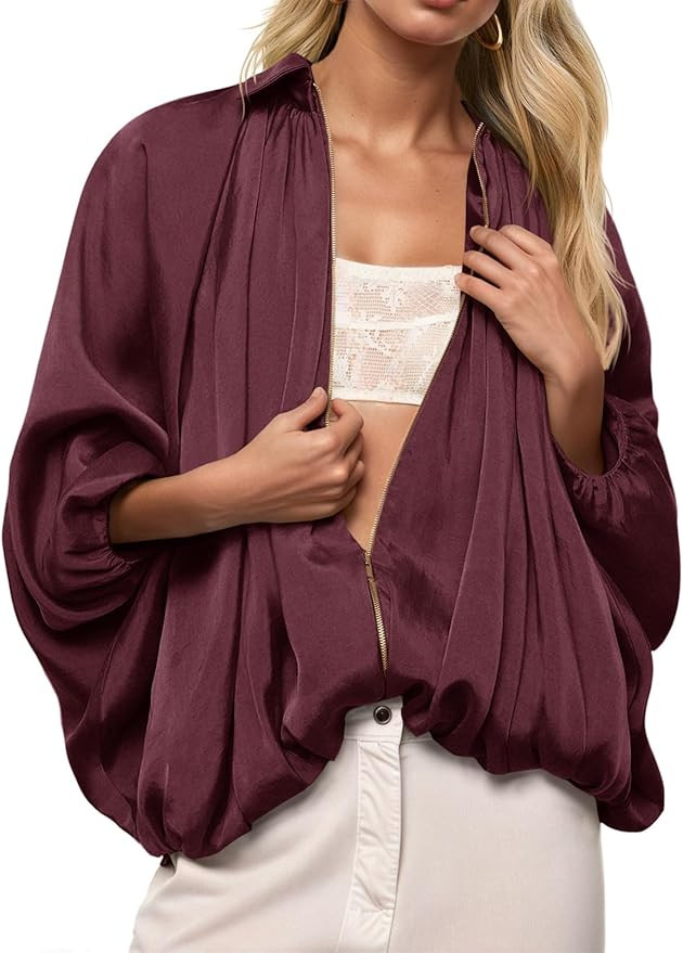 Tankaneo Womens Bomber Jackets Oversized Batwing Sleeve Zip Up Puffed Jacket Lapel Collar Pleated... | Amazon (US)