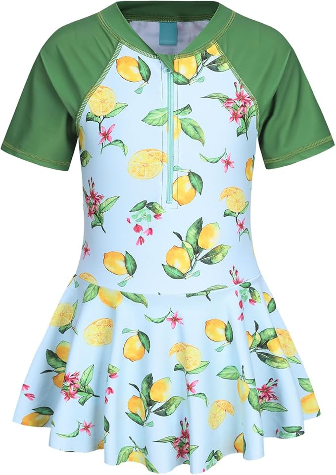 Girls One Piece Swimsuits Short Sleeve Swim Dress for Girls Hawaiian Skirted Bathing Suit Summer ... | Amazon (US)