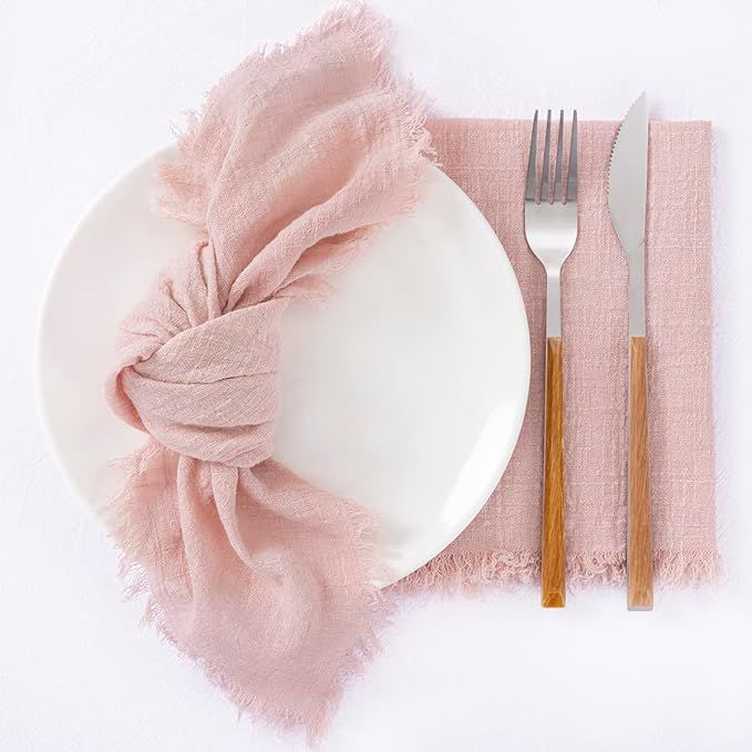 Socomi Handmade Cloth Napkins with Fringe Set of 12 Dusty Pink Cotton Linen Napkins 18"x18" Rusti... | Amazon (US)