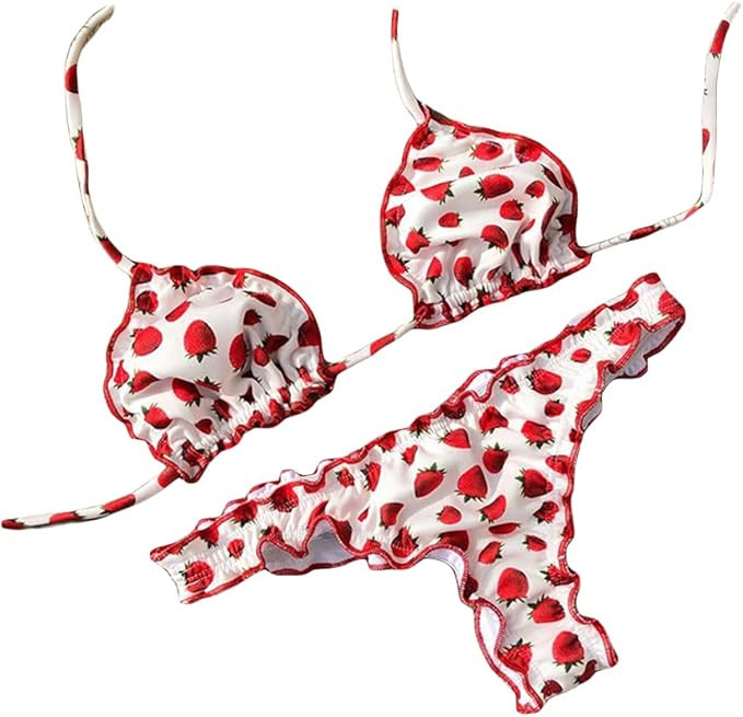 New Women's Swimsuit,Strawberry Printed Bikini, Lotus Edge Swimsuit, Belt Swimsuit | Amazon (US)