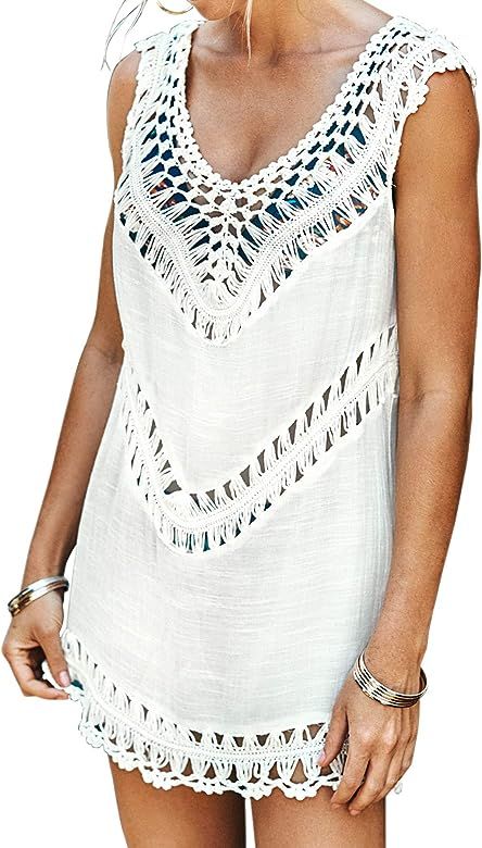 Women's White Crochet Sleeveless Tunic V Neck Cover Up | Amazon (US)