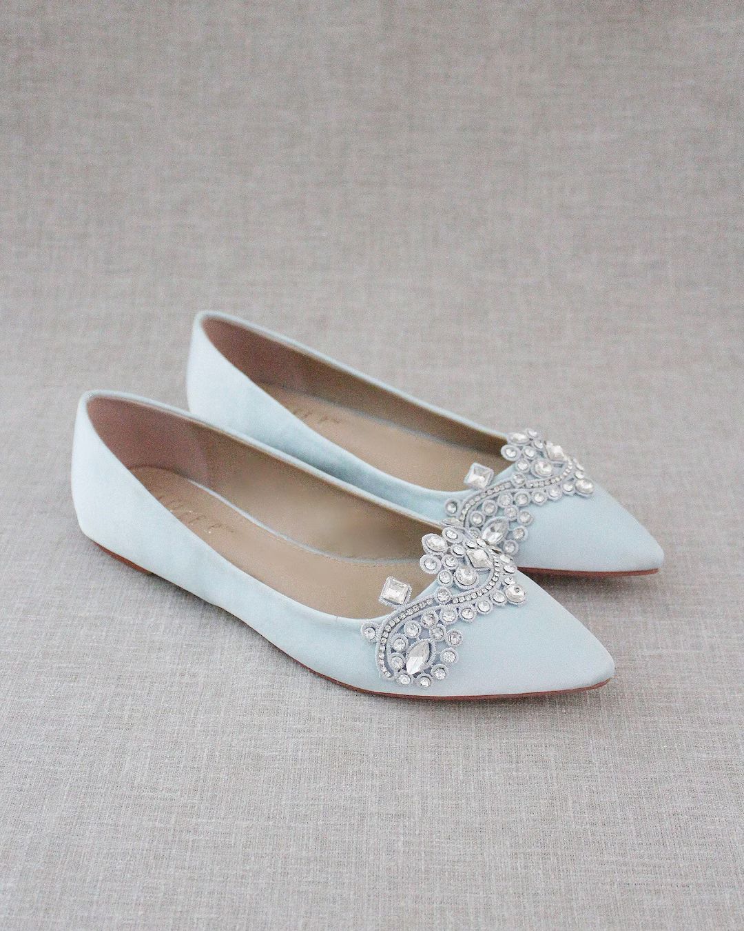 Light Blue Satin Pointy toe flats with RHINESTONE APPLIQUÉ, Women Wedding Shoes, Bridesmaid Shoe... | Etsy (US)