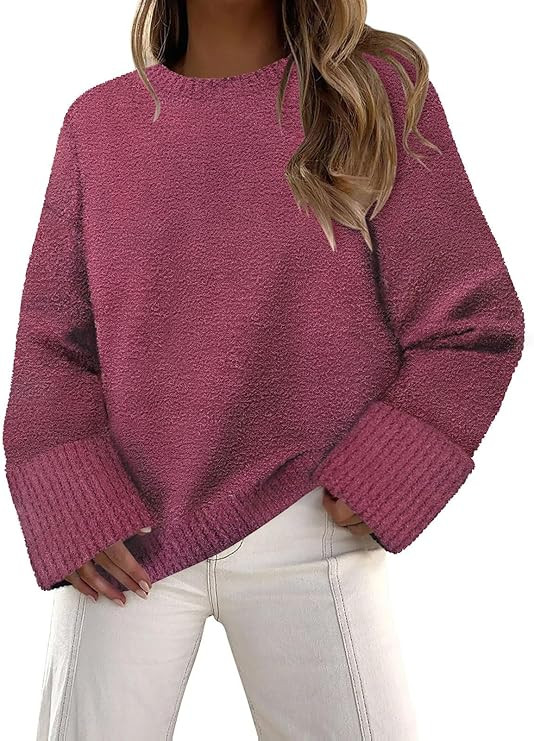 Women's Fuzzy Knit Sweaters Trendy Crewneck Pullover Tops Fall Winter Fashion Outfits | Amazon (US)