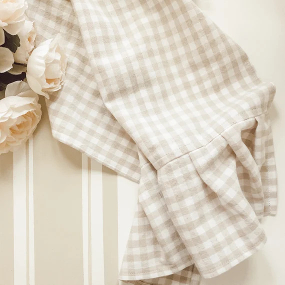 Farmhouse neutral white and beige gingham ruffled tea towel | Etsy | Etsy (US)