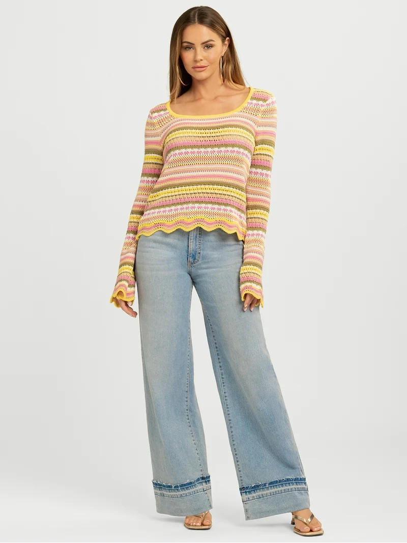 Jessica Simpson Women's Lilianna Cotton Pointelle Sweater with Long Sleeves, Lightweight, Sizes X... | Walmart (US)