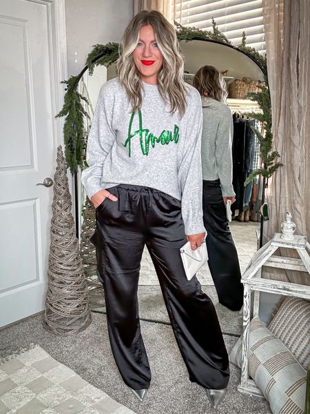 Holiday/ NYE party outfit 
Large in sweater
Medium tall in satin pants
11 in silver heels 
Lipstick shade: boy trouble 

#LTKHoliday #LTKparties #LTKmidsize