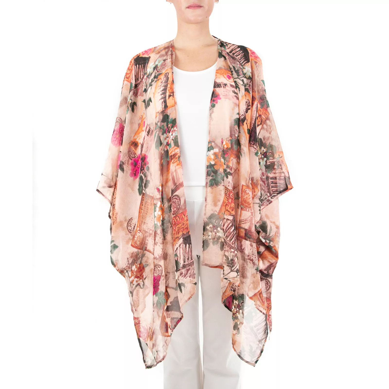 Women's Nina Leonard Floral Open-Front Kimono, Dark Red | Kohl's