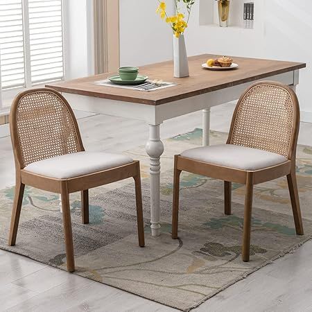 LukeAlon Modern Linen Dining Chairs Set of 2, Natural Woven Rattan Cane Back Side Chairs with Sol... | Amazon (US)