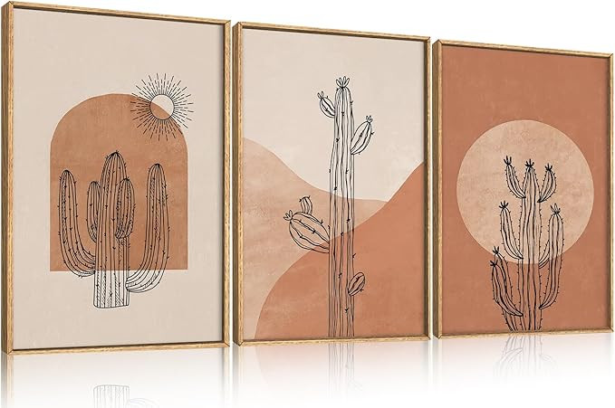Ausril Boho Minimalist Cactus Framed Canvas Wall Art Set, Mid Century Saguaro Wall Decor, Abst... | Amazon (US)