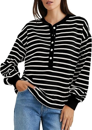 Women's Striped Oversized Sweatshirt Half Button Pullover Tops Long Sleeve Shirts Loose Drop Shou... | Amazon (US)