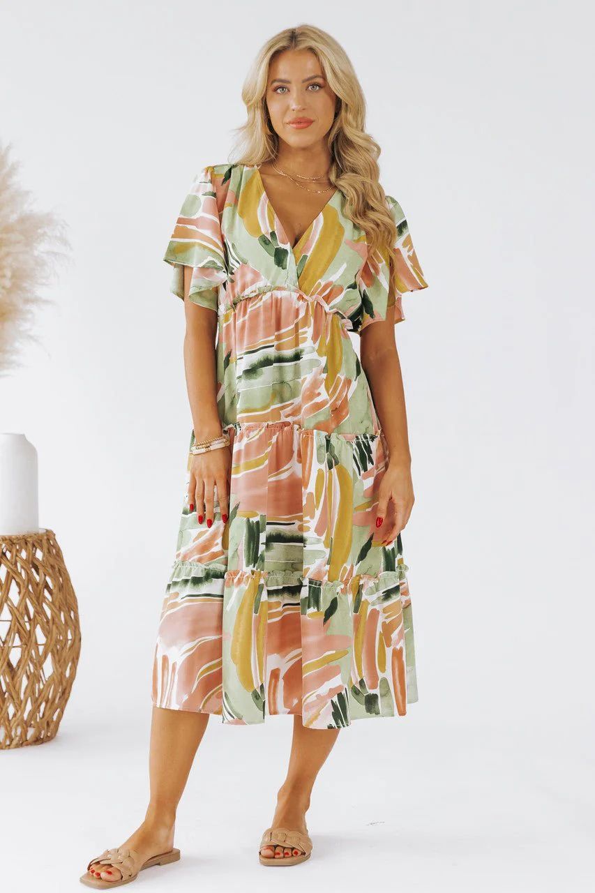 Sage Mix Print Short Sleeve Midi Dress | Magnolia Boutique
