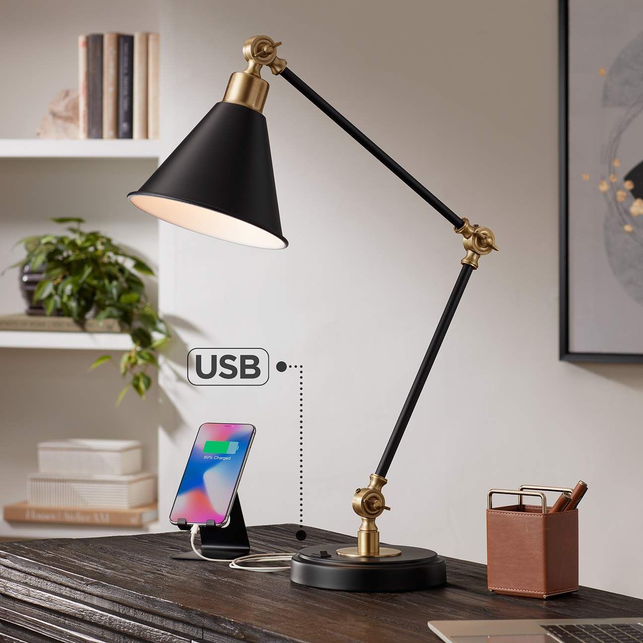Wray Black Antique Brass Adjustable Desk Lamp with USB Port | LampsPlus.com