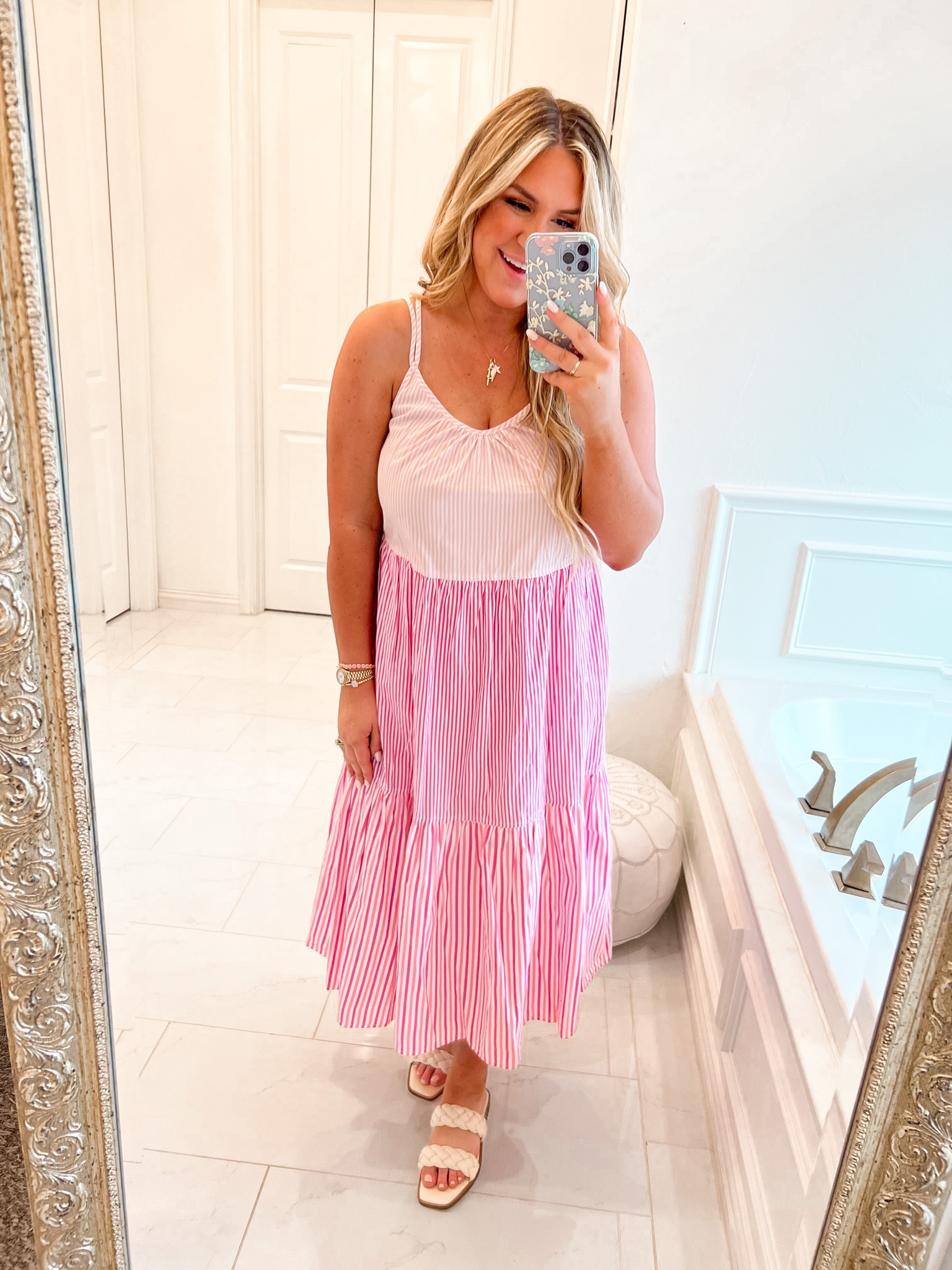Wearing a medium fits tts! 
Pink stripe 
Vacation style 
Summer dress 
Midi dress 

#LTKtravel #LTKstyletip #LTKunder50