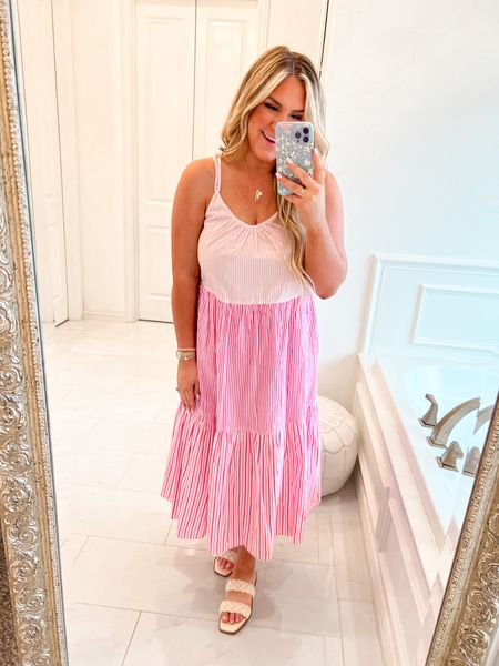 Wearing a medium fits tts! 
Pink stripe 
Vacation style 
Summer dress 
Midi dress 

#LTKtravel #LTKstyletip #LTKunder50