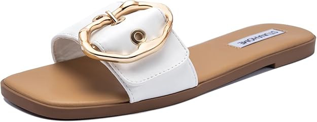 STUNAHOME Flat Sandals Women Fashion Slides With Soft Leather Paired with Metal buckle Slippers | Amazon (US)