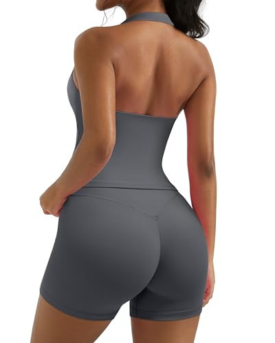 OMKAGI 2 Piece Workout Sets for Women Halter Sports Bra Tank Gym Biker Shorts Outfits(M,431-Grey) | Amazon (US)