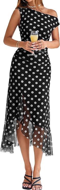 BerryGo Women Summer One Shoulder Maxi Dress Floral Ruched Mesh Bodycon Asymmetrical Date Night F... | Amazon (US)