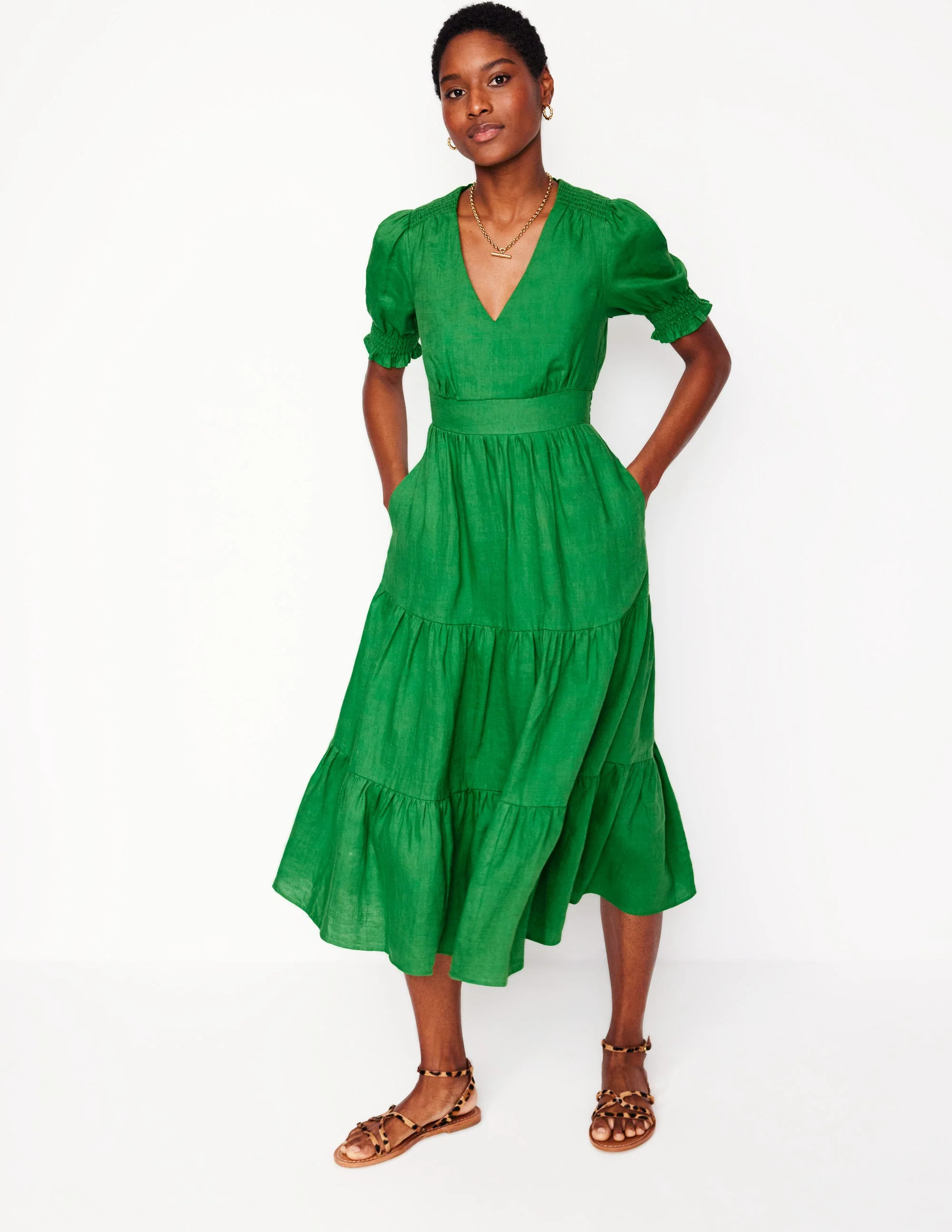 Anna Linen Tiered Midi Dress-Paradise Green | Boden (US)