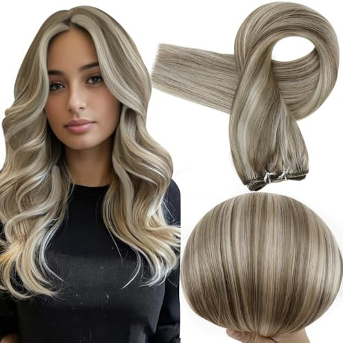 Full Shine Blonde Weft Hair Extensions For Women Human Hair Sew In Extensions 20 Inch Machine Tied Weft Human Hair Extensions Color Ash Brown Mix Platinum Blonde Remy Straight Hair 105G | Amazon (US)