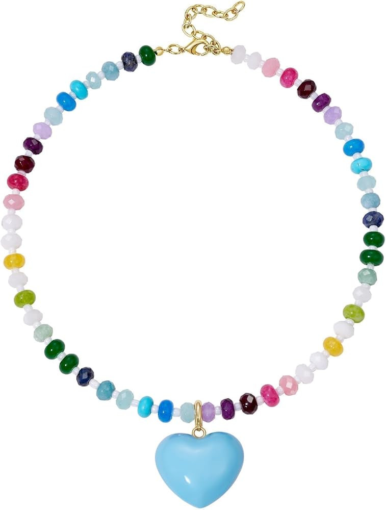 KissYan Beaded Necklaces for Women, Colorful Boho Bead Choker With Bubble Puffy Heart Pendant, Na... | Amazon (US)