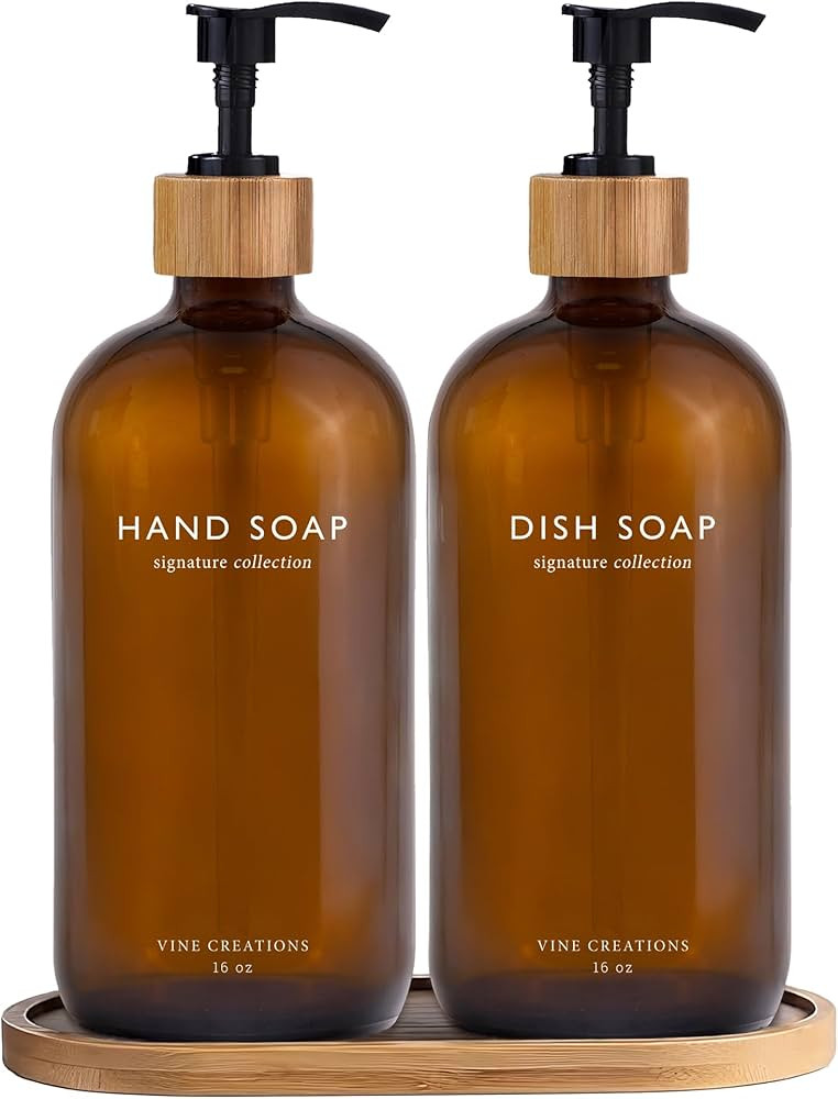Vine Creations Amber Glass Soap Dispenser Set, Hand Soap and Dish Soap Dispenser Set with Bamboo ... | Amazon (US)